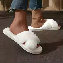 Cross Warm Fluffy Furry Slippers Women