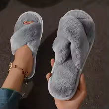 Cross Warm Fluffy Furry Slippers Women
