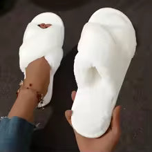 Cross Warm Fluffy Furry Slippers Women