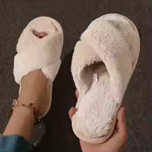 Cross Warm Fluffy Furry Slippers Women